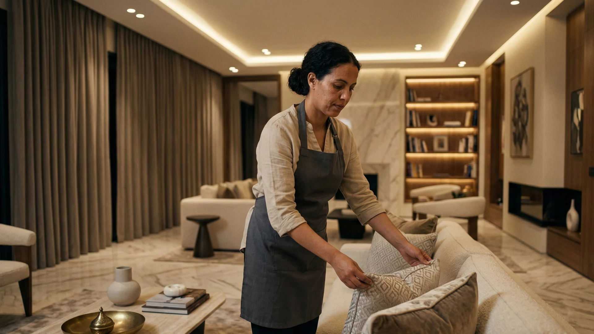 Femme de ménage professionnelle nettoyant un salon lumineux à Casablanca